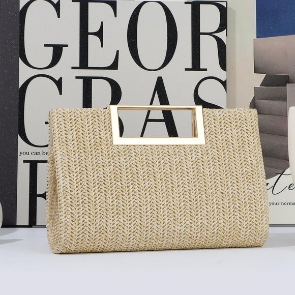 Top Handle Straw Clutch for Women Summer Clutch Straw Evening Bag Raffia Crossbo - Picture 7 of 8